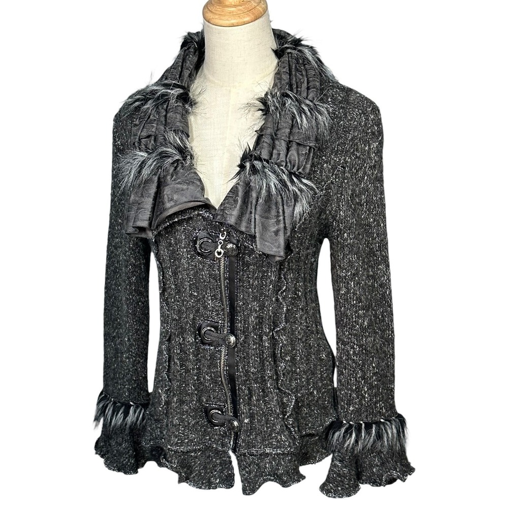 Y2K Fairy Grunge Ruffle Cardigan Faux Fur Trim Goth Indie Boho Forest Size M - Picture 4 of 13